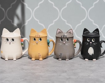Choose Your Cat Color Mug With Lid: Handmade Ceramic Kitty Coffee or Tea Cup