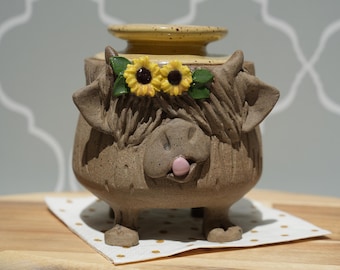 Handmade Ceramic Highland Cow With Sunflowers Butter Crock: Whimsical Farmhouse French Butter Keeper