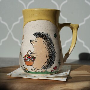 Handmade Hedgehog With Mushrooms Mug: Sunflower Glaze Stoneware Cup image 4