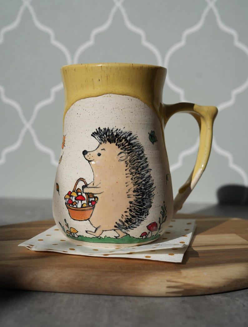 Handmade Hedgehog With Mushrooms Mug: Sunflower Glaze Stoneware Cup image 4