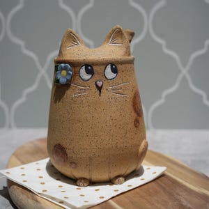 Ceramic Cat Honey Pot With Dipper: Handmade Speckled Stoneware Sugar or Jam Jar