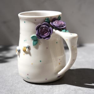 Handmade Golden Bees and Roses Mug: Pastel Porcelain Coffee Cup