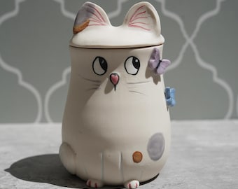 Handmade Cat And Butterfly Jar: Ceramic Honey Pot or Sugar Bowl