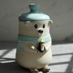 Handmade Polar Bear and Penguin Mug: Stoneware Ski Friends Cup With Lid