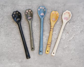 Choose Your Cat Color SpoonPaw:  Handmade Ceramic Cat Paw Coffee Tea Salt Sugar Spoon