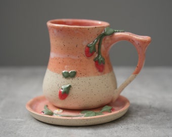 Preorder - Strawberry Mug And  Plate / Handmade Strawberry Mug