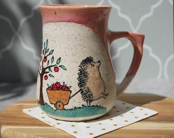 Handmade Ceramic Hedgehog Mug: Speckled Stoneware, Pink Glaze, Farmhouse Charm