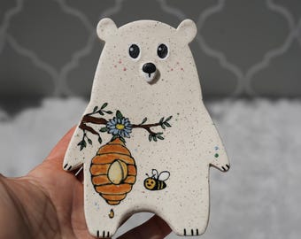 Handmade Ceramic Bear Spoon Rest: Friendly  Bee Trinket Dish