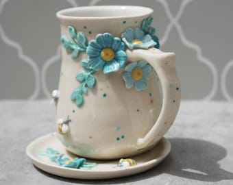 Handmade Ceramic Bee Daisy Mug and Saucer: Garden Tea Coffee
