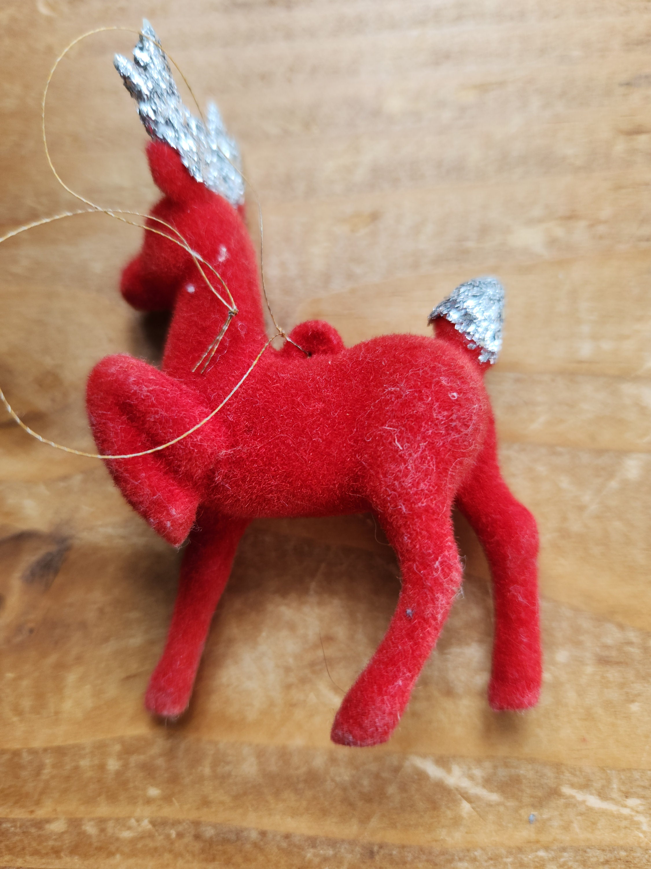 Vtg Red Flocked Christmas Reindeer Ornament W/ Silver Antlers