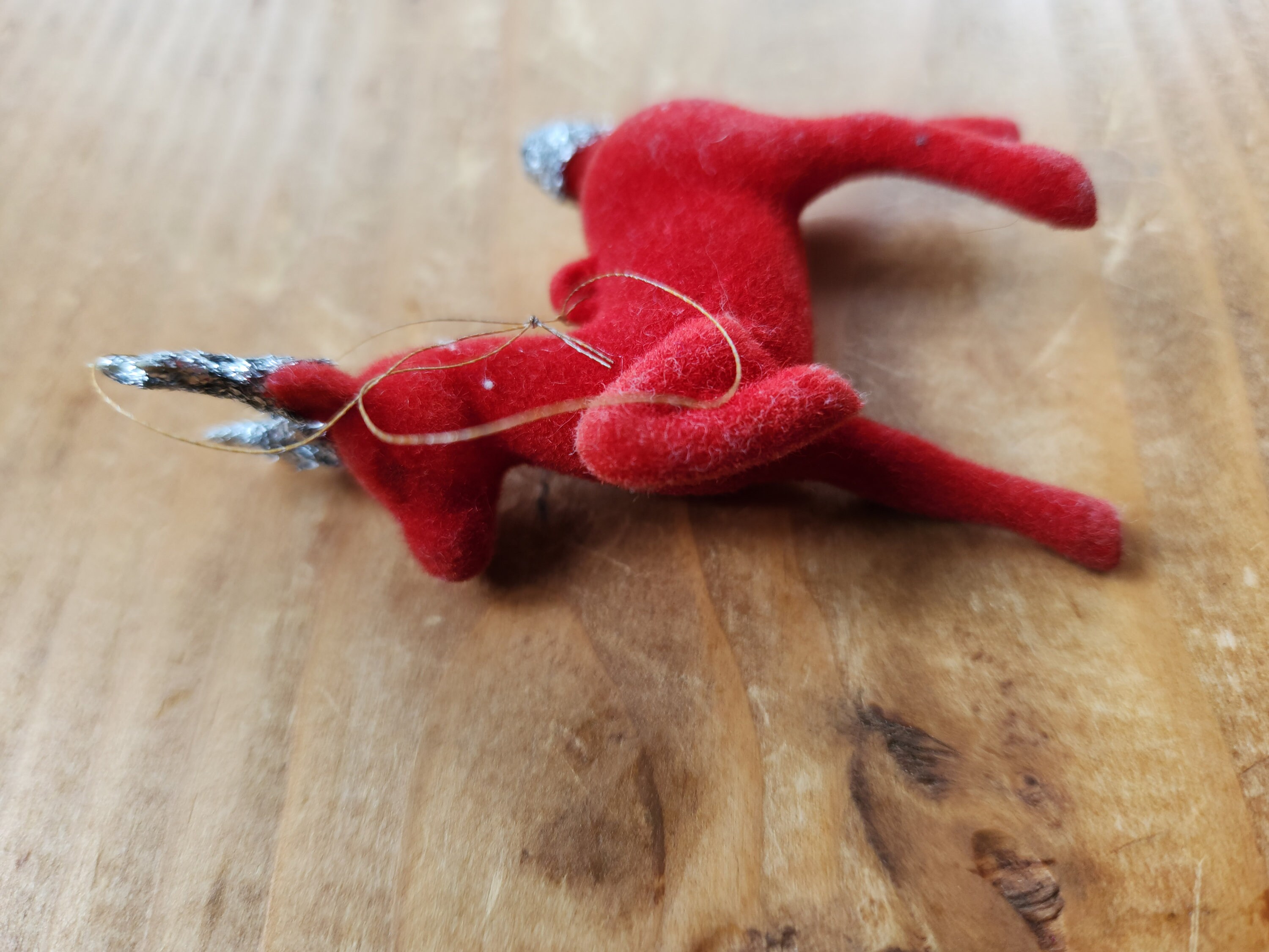 Vtg Red Flocked Christmas Reindeer Ornament W/ Silver Antlers