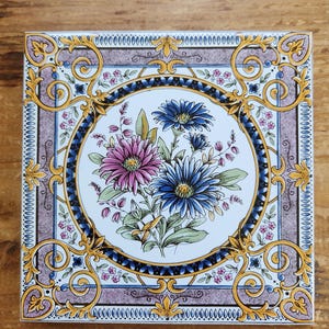 Vintage Portuguese 5 15/16&quot; Ceramic Tile Floral Trivet with Cork Base, Cottage Core.