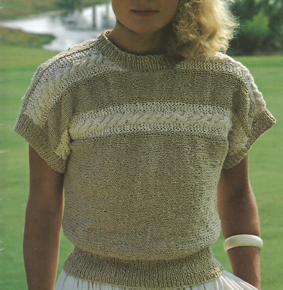 Womans Knit Sweater Short Sleeve Round Neck Cabled Sweater Jumper Tunic Vintage Pattern Instant Download Pdf