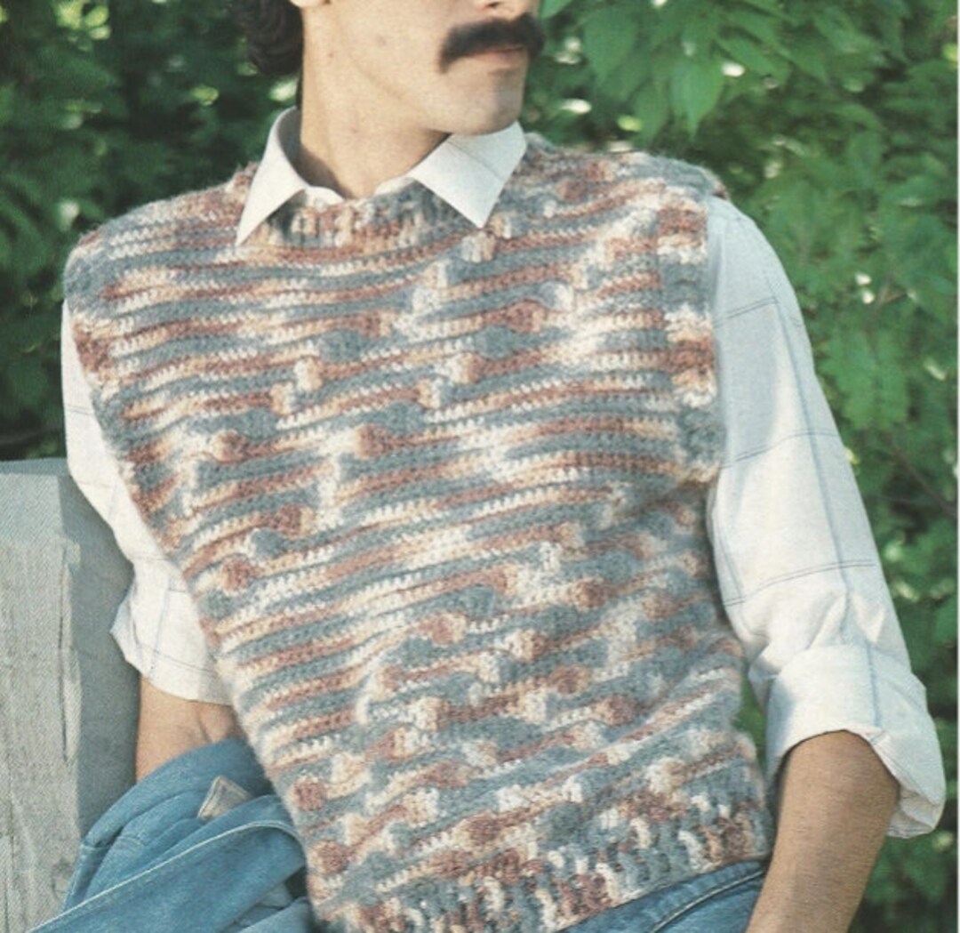 Crochet Mens Pullover Vest Pattern Vintage Round Neck Sleeveless /click