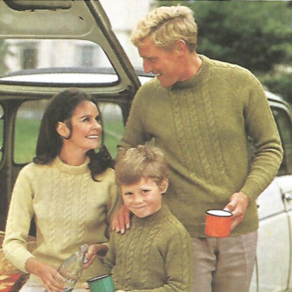 Knit His and Hers Cable Family Sweaters /OhhhMama/ with round neck long sleeves and patterned front vintage pattern instant download pdf