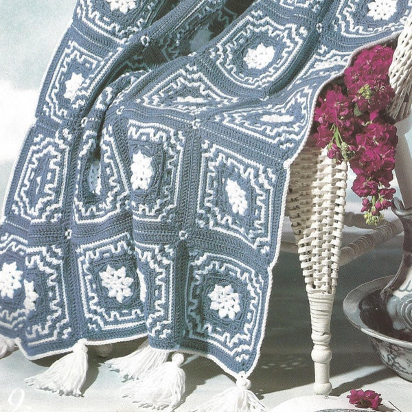 Crochet Afghan Wedgewood Pattern with Tassles /OhhhMama/ throw blanket bed cover wrap blanket vintage pattern pdf download