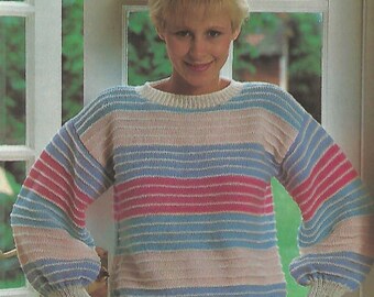 knit womans sweater,striped  round neck long balloon style sleeves  pattern pullover sweater vintage pattern instant download pdf