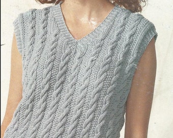 Womans Knit Cabled Sweater/OhhhMama/ Sleeveless Pullover Top  V neck  Vest sweater jumper tunic vintage pattern instant download pdf