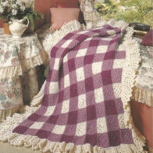 Crochet Afghan  Ruffled Gingham Granny Squares /OhhhMama/ throw blanket  bedspread   lap blanket shawl vintage pattern pdf download