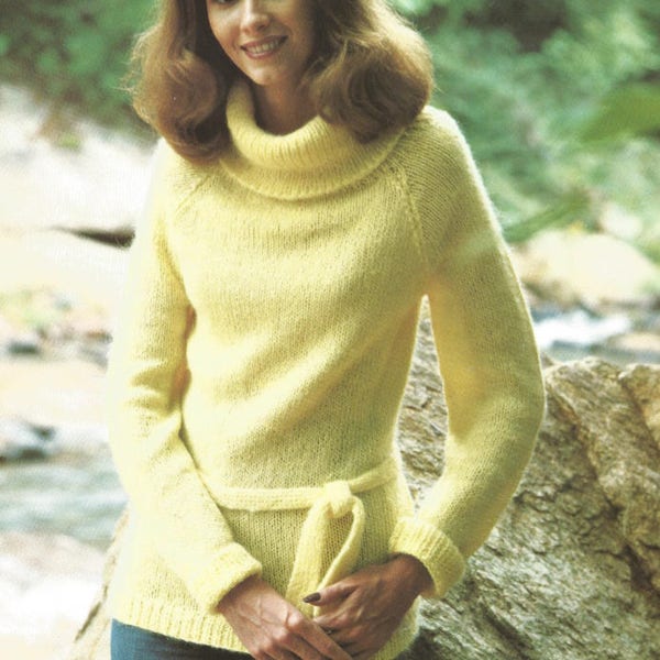Knit Womans Pullover  Sweater / OhhhMama/ Pdf Cowl Neck Long Sleeves with Belt  vintage pattern instant download pdf