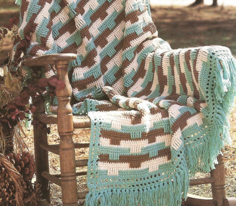 Crochet Afghan Basket weave with Fringe bedspread lap blanket /OhhhMama/ throw wrap vintage pattern instant download pdf image 1