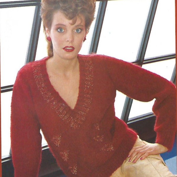 knit womans deep v neck jumper sweater long sleeve pullover tunic vintage pattern instant download pdf