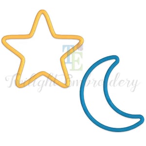 May include: A yellow star and a blue crescent moon. The star is outlined in yellow and the moon is outlined in blue.