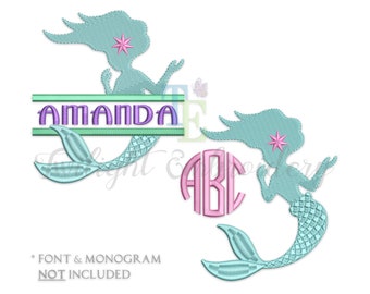 May include: Two mermaid embroidery designs. The first design features a mermaid with a tail and a star on her chest, with the name "Amanda" written above her. The second design features a mermaid with a tail and a star on her chest, with a circle monogram "ABC" next to her.