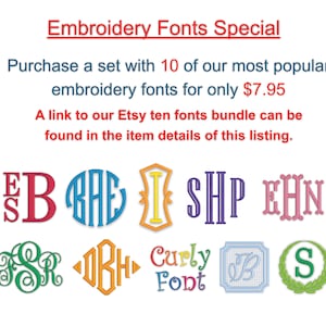 K&ouml;nnte beinhalten: Ein Set mit 10 Stick-Schriften f&uuml;r 7,95 $. Die Schriften werden in verschiedenen Stilen angezeigt, darunter Schrift, Block und Kursivschrift. Die Schriften sind als Bundle auf Etsy erh&auml;ltlich.
