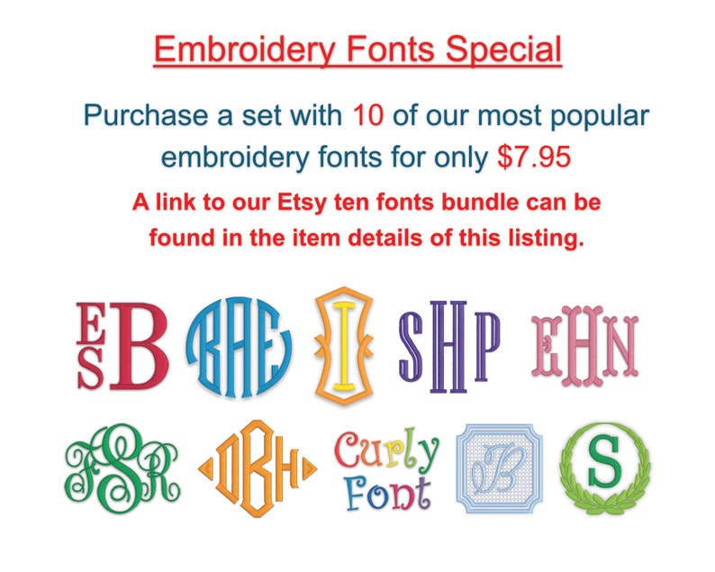 K&ouml;nnte beinhalten: Ein Set mit 10 Stick-Schriften f&uuml;r 7,95 $. Die Schriften werden in verschiedenen Stilen angezeigt, darunter Schrift, Block und Kursivschrift. Die Schriften sind als Bundle auf Etsy erh&auml;ltlich.