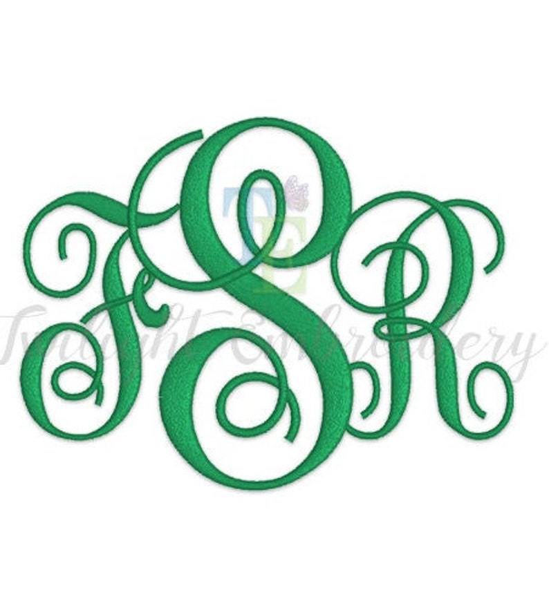 K&ouml;nnte beinhalten: Gr&uuml;nes Monogramm-Stickdesign mit den Buchstaben "SR" in einer Schreibschrift.