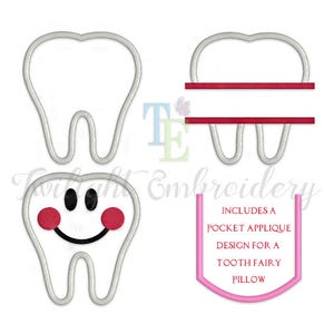 May include: Embroidery design for a tooth fairy pillow. Includes a pocket applique design for a tooth fairy pillow. The design features a white tooth with a red smiling face and a white tooth with a red line for personalization.