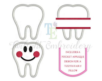 Set of 4 Tooth Applique Embroidery Designs Tooth Machine Embroidery Designs Tooth Fairy Embroidery Designs Pocket Applique INSTANT DOWNLOAD