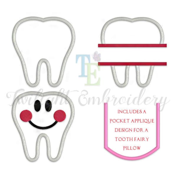 Set of 4 Tooth Applique Embroidery Designs Tooth Machine Embroidery Designs Tooth Fairy Embroidery Designs Pocket Applique INSTANT DOWNLOAD