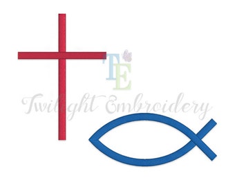 Set of 2 Jesus Fish Machine Embroidery Designs, Christian Cross Machine Embroidery Design INSTANT DOWNLOAD