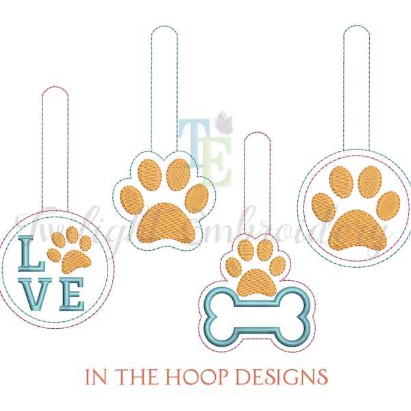 Set of 4 Paw Print Key Fob Embroidery Designs, In The Hoop Key Fob Machine Embroidery Design, Dog Key Fob Embroidery Design Instant Download