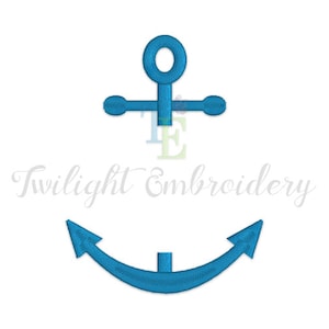 May include: A blue anchor with a rounded top and two arms extending to the sides. The anchor is a nautical symbol representing hope and stability.