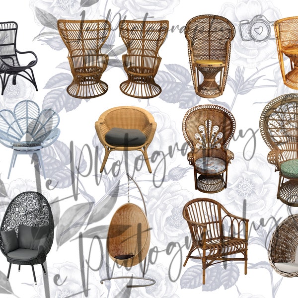 12 superpositions de chaise en osier, chaise d’oeuf, fichiers de PNG, recouvrements de Photoshop, chaise d’osier, chaise de paon, recouvrements de chaise