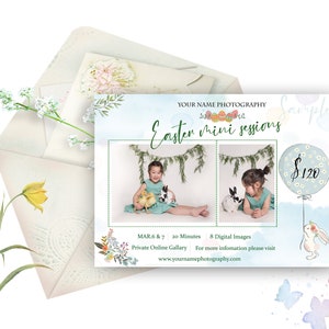 May include: An Easter mini sessions advertisement with watercolor illustrations. The card features two photos of children with bunnies and chicks, a balloon with the price $120, and the text "Easter mini sessions". The card is surrounded by flowers and butterflies.