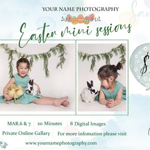 May include: An advertisement for Easter mini photo sessions. The image features two photos of a young child with a bunny and ducklings. The text includes "Easter mini sessions", dates, and a website address. A balloon with a price of $120 is also shown.