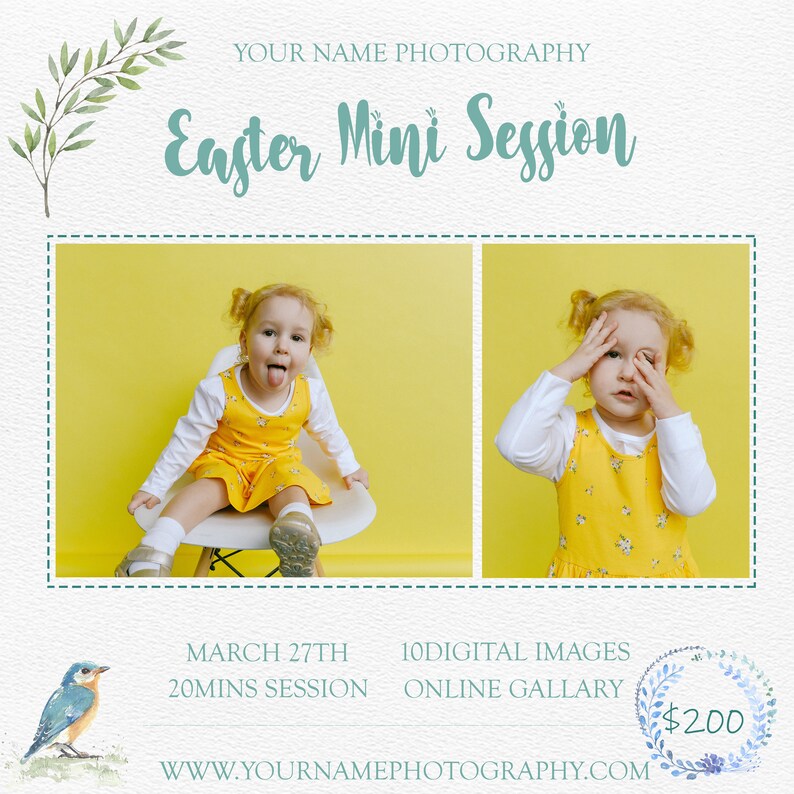 May include: A flyer advertising an Easter mini photo session. The flyer features two photos of a young girl in a yellow dress on a yellow background. The text on the flyer reads "Easter Mini Session", "March 27th", "20 mins session", "10 digital images", "Online Gallery", and "$200".