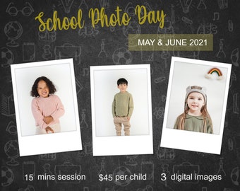 Plantilla del día de la foto de la escuela, junta de marketing del día de la foto de la escuela, promoción de la fotografía escolar, folleto de fotografía editable imprimible de la escuela