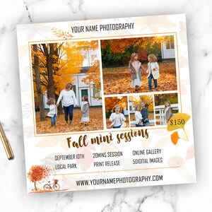 May include: Fall mini photography session announcement with images of families in a park setting. The announcement includes the date, time, location, price, and website address.