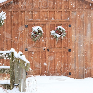 Winter digital backdrops, snowy Christmas digital backdrop, cottage digital background, shed digital backdrop, Christmas outdoor backdrop