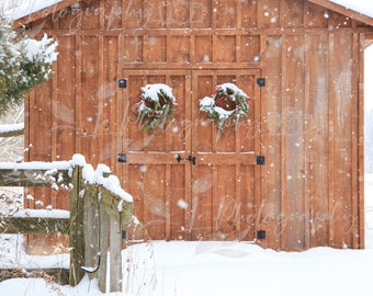 Winter digital backdrops, snowy Christmas digital backdrop, cottage digital background, shed digital backdrop, Christmas outdoor backdrop