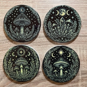 Mystical Celestial Mushrooms Round Ceramic Coasters - Dark and Moody Celestial Coasters - Set of 4