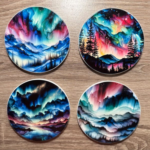 Posavasos de cerámica con diseño de auroras boreales y tinta de alcohol - Juego de 4