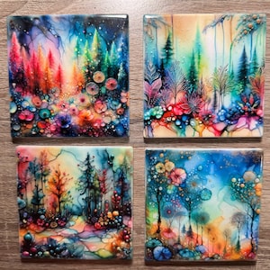 Colorful Floral Forest  Alcohol Ink Design Ceramic Coasters - Set of 4