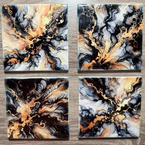 Black, White, and Gold Alcohol Ink Design Ceramic Coasters - Set of 4