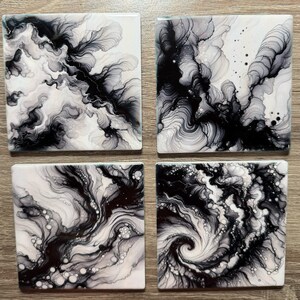 Black and White Alcohol Ink Design Ceramic Coasters - Set of 4